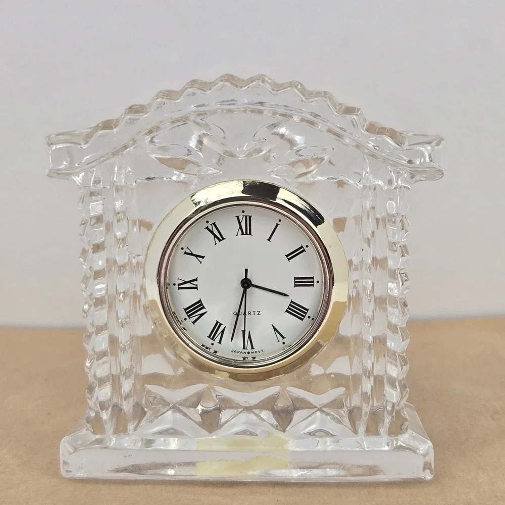 Vintage 24% Lead Crystal Miniature Mantel Clock Quartz Japan Movt Gold Tone Trim